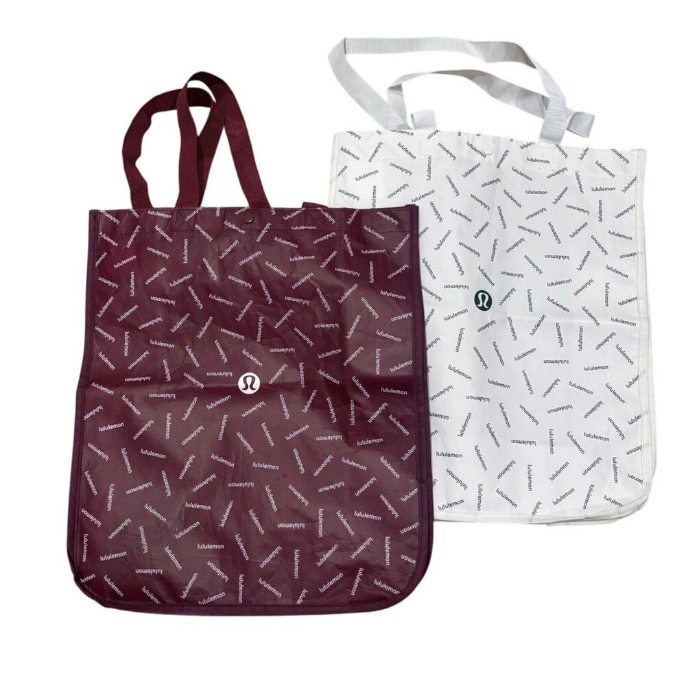 Lululemon Reusable Tote Bag Logo Maroon White Shopping Bag Snap Closure Qty 2